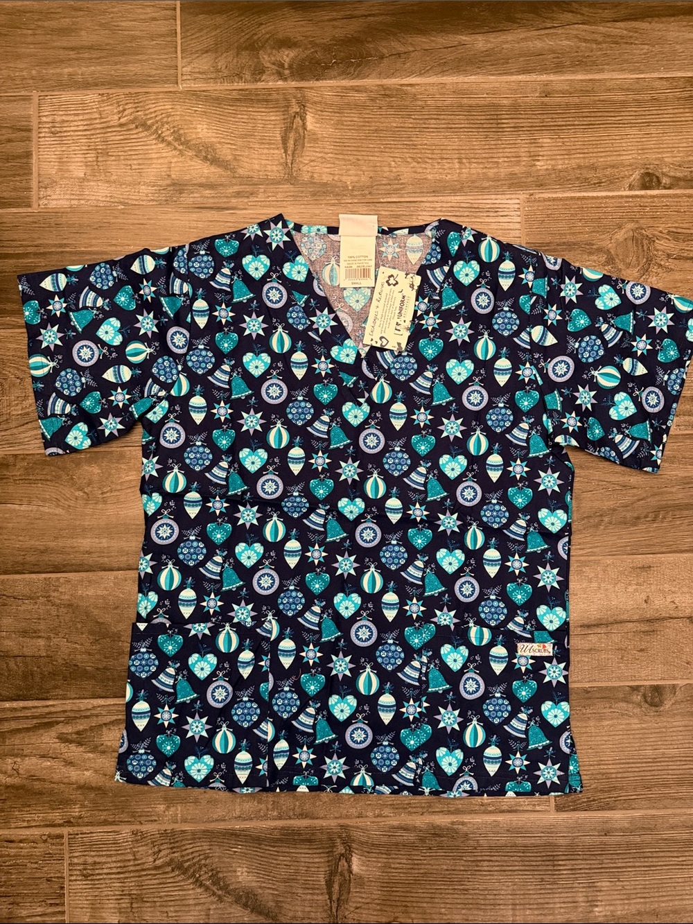 UA Scrubs Women's Navy and Teal Patterned Cotton Top